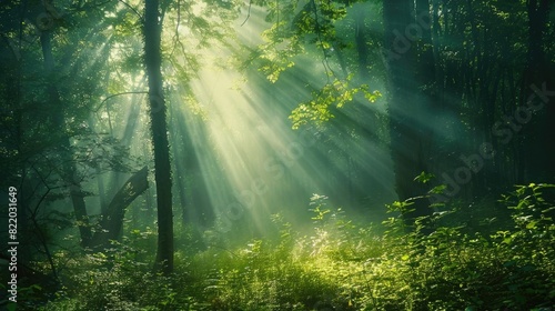 A dense, foggy forest with sunlight filtering through the mist.