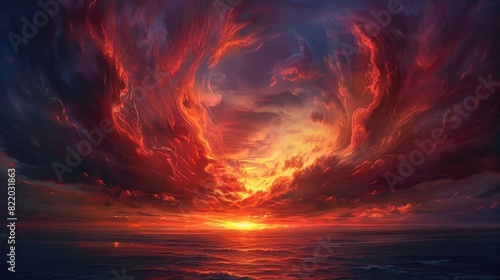 A dramatic, fiery sky at sunset over an ocean. #822031863