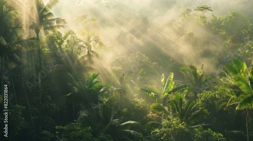 A dense  mist-covered jungle with sunlight piercing through the canopy.