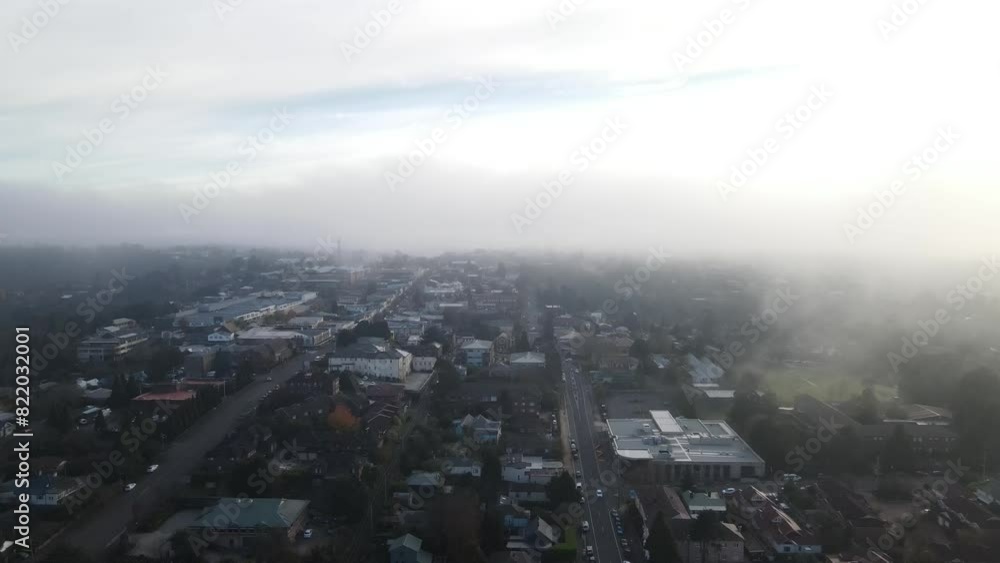 Drone aerial flying through clouds over the town of Katoomba in the blue mountains Drone aerial flying through clouds over the town of Katoomba in the blue mountains