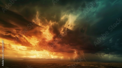 A dramatic lightning storm over a vast, open plain.