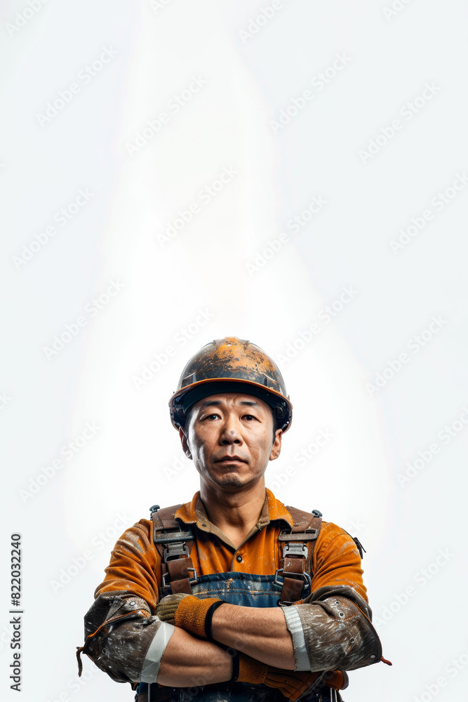 An Asian construction worker strikes a pose against a blank white background, clad in overalls, a helmet, and work gloves, Projecting strength and assurance. An Asian construction worker strikes a pose against a blank white background, clad in overalls, a helmet, and work gloves, Projecting strength and assurance.