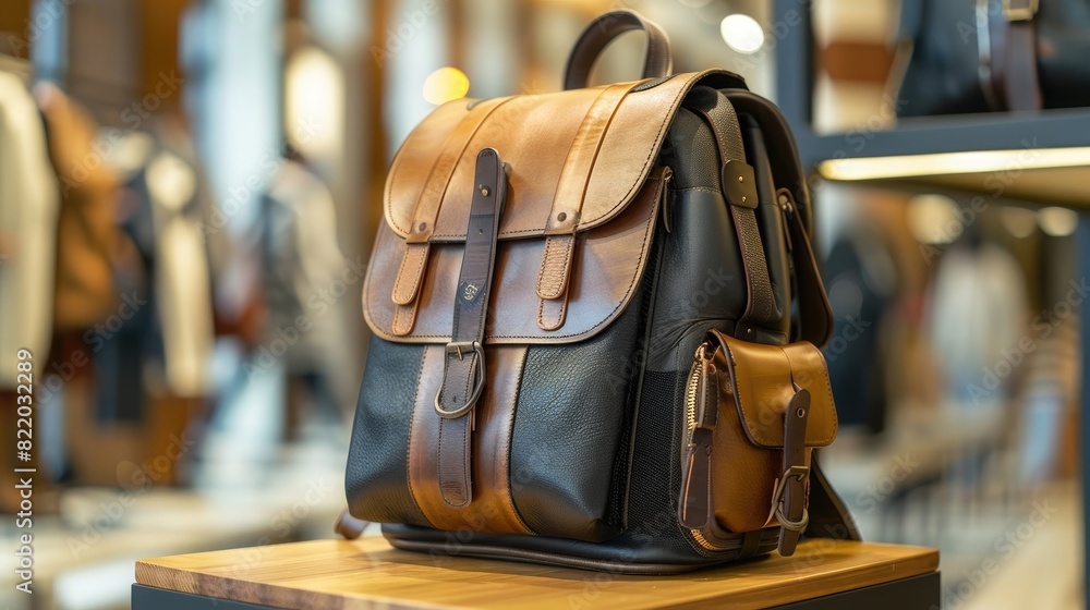 A fashionable backpack, made from luxurious leather and designed with practicality in mind.