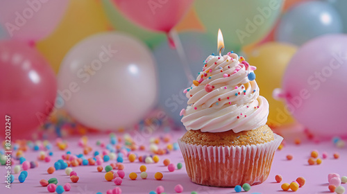 Birthday cupcake with burning candle and sprinkles on