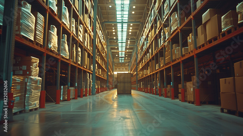A large warehouse with a bright yellow line on the floor. The warehouse is filled with boxes and pallets