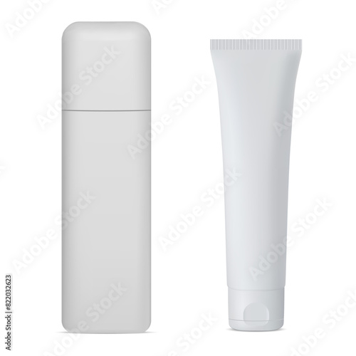 Cosmetic tube plastic blank, realistic vector design. Beauty cream container illustration mock up. Toothpaste tube product box. Face make-up packaging bottle, front view