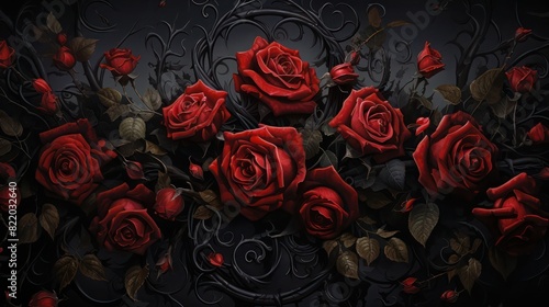Fototapeta Naklejka Na Ścianę i Meble -  Beautiful bloody red roses in gothic style on black background.