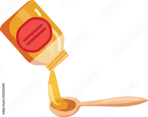 Colorful vector illustration of a tipped cough syrup bottle with medicine spilling out