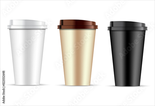 Paper coffee cup template. Brown espresso mug for hot drink. Infographic identity collection. Large craft tea cup with plastic lid, recycling package. Fast food coffee shop disposable container