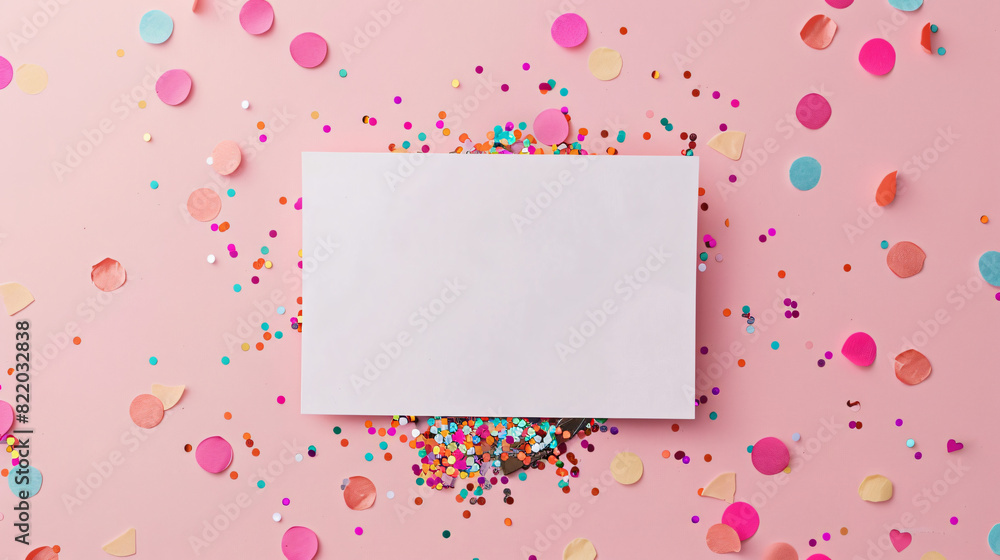 Blank card and shiny colorful confetti on pink background