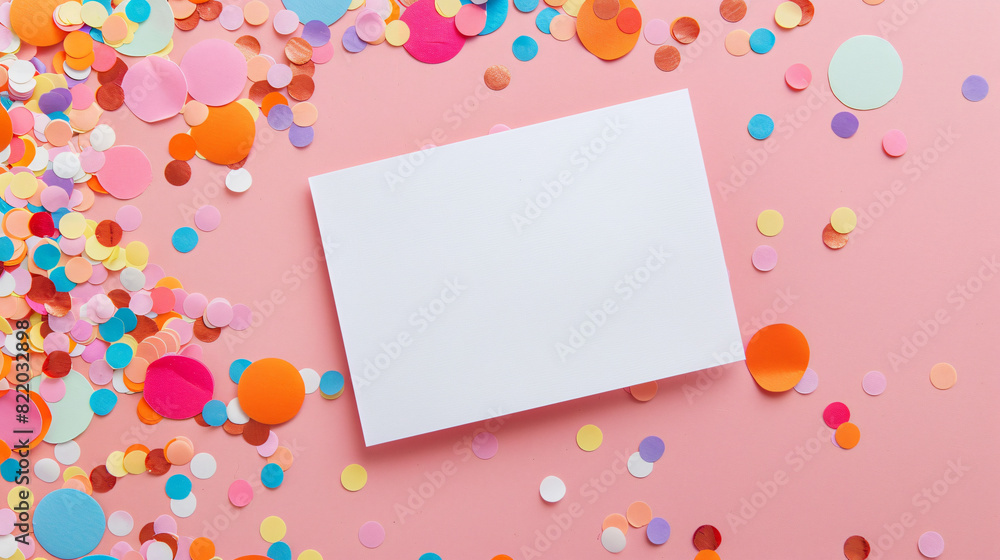 Blank card and shiny colorful confetti on pink background