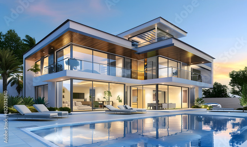 3d rendering of modern cozy house with pool and parking for sale or rent in luxurious style 3d modern luxury real estate house for sale and rent  luxury property concept. photo