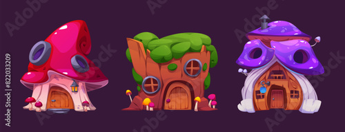 Gnome houses set isolated on background. Vector cartoon illustration of fairytale mushroom and tree stump cottages with round windows, wooden doors, chimney on roof, magic elf village design elements