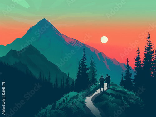 Hikers ascend a mountain path, silhouetted against a vibrant sunset. Vibrant Mountain Path, vector illustration
