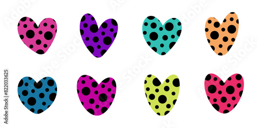 Set of colored spotted hearts. Vector illustration