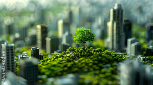 plant surrounded by a city symbolizing the exchange of nature for buildings, created with generative AI technology © christian