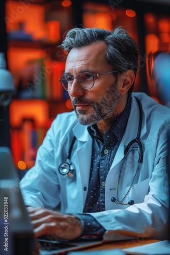 Doctor with stethoscope at computer for telemedicine consultation