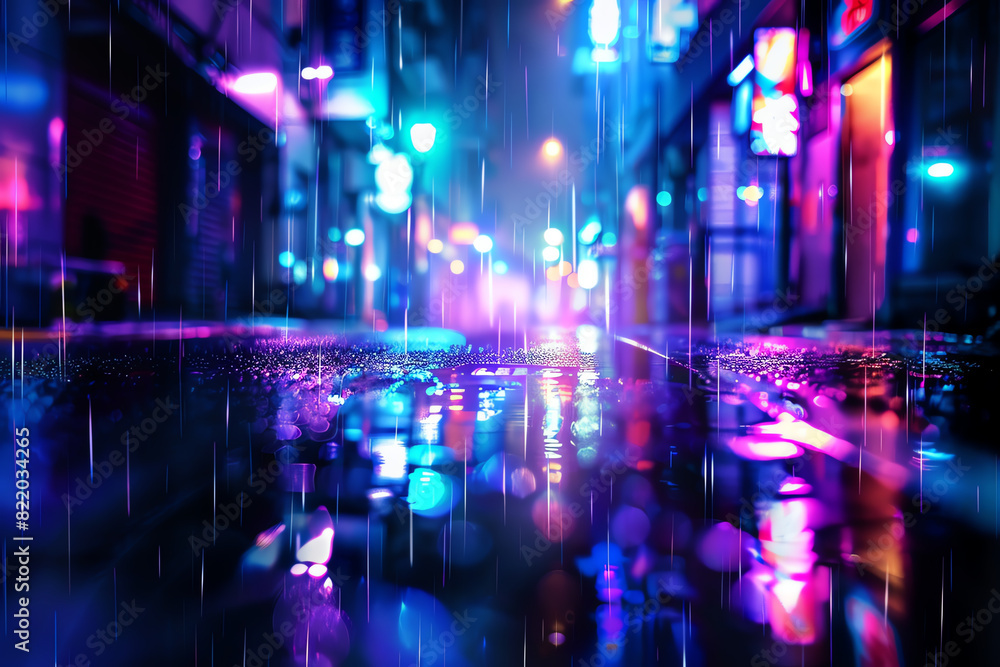 Vibrant rain-soaked street illuminated by neon lights at night, creating a colorful and atmospheric urban scene with reflections on the wet pavement.