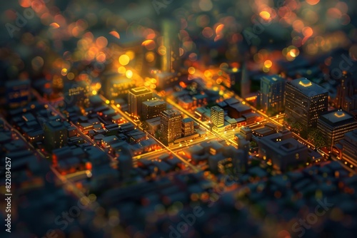 Aerial view, photorealistic, twilight cityscape glowing under the golden hues of sunset, intricate street patterns illuminated by streetlights, high detail, sharp focus, vibrant colors