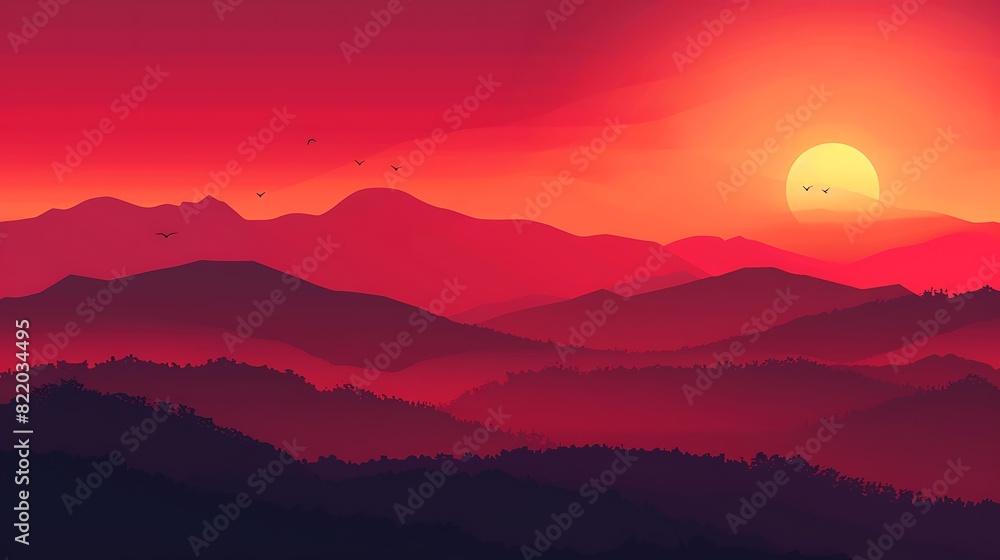 Obraz premium Serene Red Sunset Silhouette: Dramatic Landscape in Analogous Color Scheme with Digital Tone