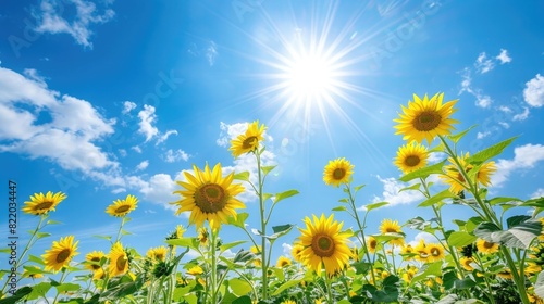 A field of sunflowers stretching towards the sun in a bright blue sky.