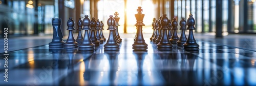 Group of chess pieces strategically placed on table representing business strategy and planning