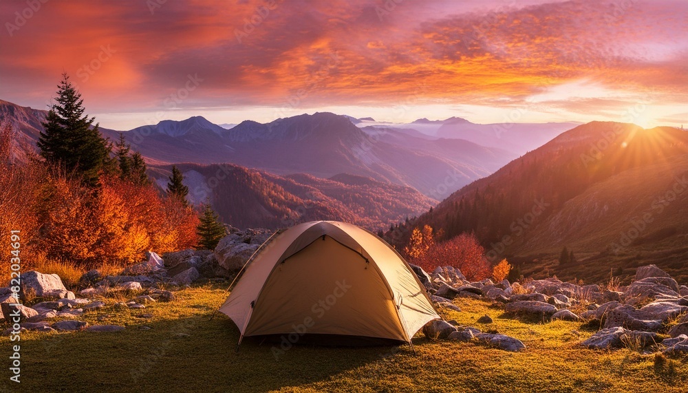 Vibrant autumn camping scene with a tent amidst colorful foliage, framed by mountains and a stunning sunset sky, perfect for nature enthusiasts.