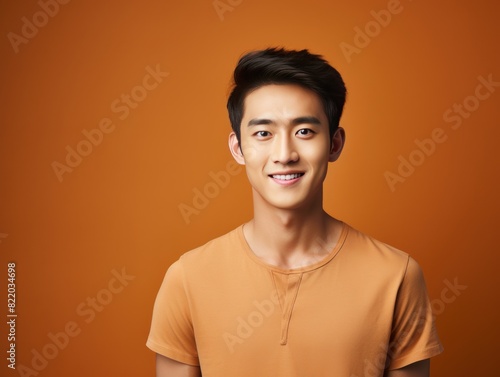 Brown Background Happy asian man realistic person portrait of young teenage beautiful Smiling boy good mood Isolated on Background ethnic diversity 