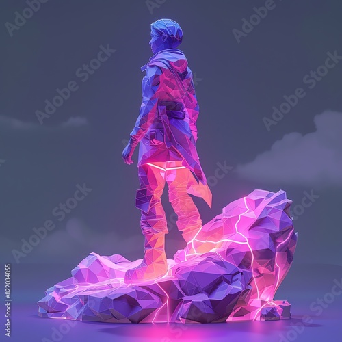 (Style game assets, feminist art, low poly, blacklight:) Feminist-inspired game characters in a low poly style, illuminated by blacklight.