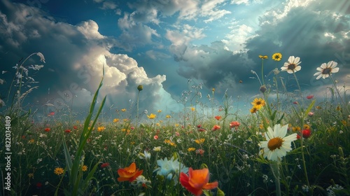 A field of wildflowers under a dramatic  stormy sky.