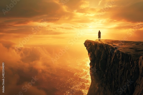 A photorealistic long shot of a lone figure standing on a cliff edge at sunset  turning their back to the camera  capturing a sense of serenity and contemplation