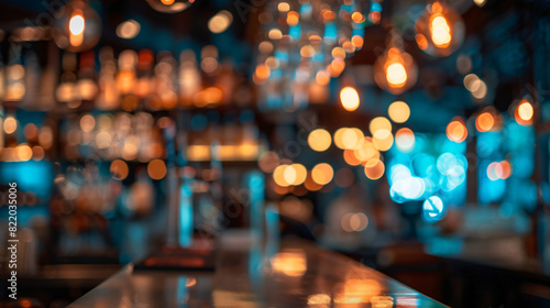 Blurred view of stylish modern bar interior with bokeh