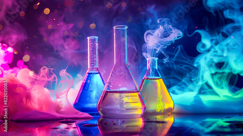 Three glass beakers containing vibrant colored liquids are set on a lab table at night. Smoke rises from the beakers, creating a mysterious ambiance..