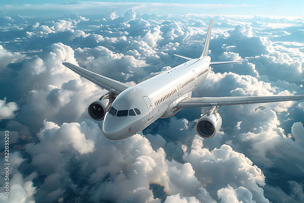 A passenger civil airplane jet flies at flight level high in the sky above the clouds and blue sky, showcasing the marvel of modern aviation and travel