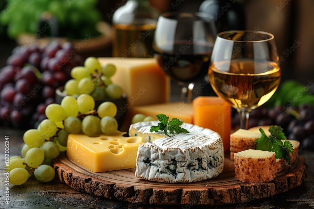 Assorted cheese, grapes, and wine on wooden board Assorted cheese, grapes, and wine on wooden board