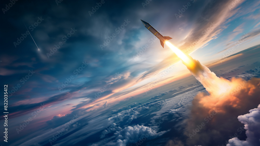 A rocket launches into a dramatic, colorful sky, with clouds below and ...