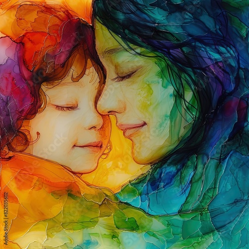 alcohol-ink painting of the unbreakable  warm  loving bond between a mother and child  nostagic  ethereal  beautiful  conveys a sense of safety and security