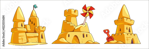 Beach sandcastle to play near sea cartoon vector. Cute sand castle sculpture drawing icon isolated on white background. Kid build palace for princess with shovel and blue flag on yellow tower.