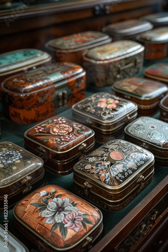 Collection of antique jewelry boxes in display case © yuliachupina