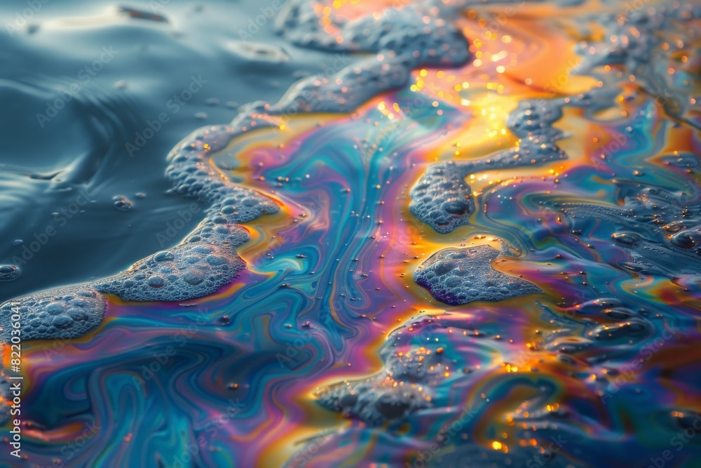 Abstract iridescent oil slick on water