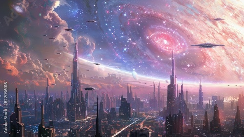 A futuristic city skyline, with sleek, modern architecture and flying vehicles against a backdrop of a massive, distant galaxy cluster.