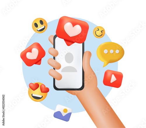 3d Realistic Hand Holding Mobile Smartphone with Likes, Emoji Notification Icons. Social Media Day Concept. Vector Illustration.