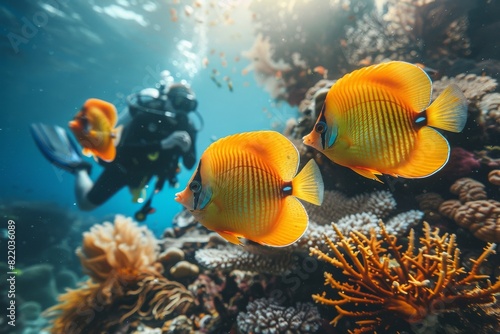 Two yellow fish swimming in the ocean next to a coral reef