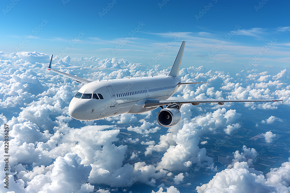 A passenger civil airplane jet flies at flight level high in the sky above the clouds and blue sky, showcasing the marvel of modern aviation and travel A passenger civil airplane jet flies at flight level high in the sky above the clouds and blue sky, showcasing the marvel of modern aviation and travel