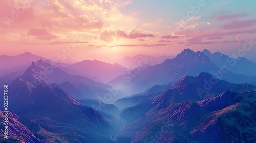 Futuristic Sunrise Over Majestic Mountain Range - Analogous Color Scheme