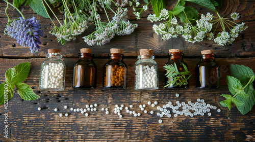 Bottles of homeopathic remedy and different plants on photo