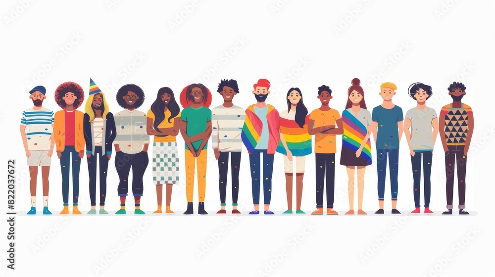 Vector 2D cartoon of a diverse LGBTQ group standing together with pride flags, in a minimalistic style Generative AI Vector 2D cartoon of a diverse LGBTQ group standing together with pride flags, in a minimalistic style Generative AI