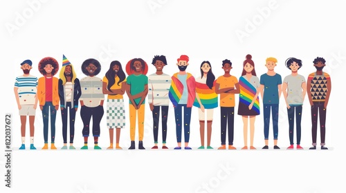 Vector 2D cartoon of a diverse LGBTQ group standing together with pride flags  in a minimalistic style Generative AI