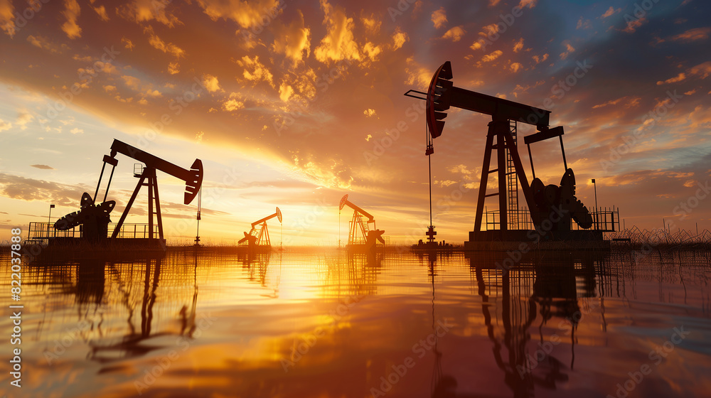 A sunset over a field of oil rigs. The sky is orange and the sun is setting. The oil rigs are silhouetted against the sky, creating a dramatic and powerful scene A sunset over a field of oil rigs. The sky is orange and the sun is setting. The oil rigs are silhouetted against the sky, creating a dramatic and powerful scene