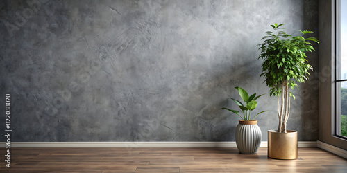 background of a room with a gray plaster wall and a pot with a plant © Daria